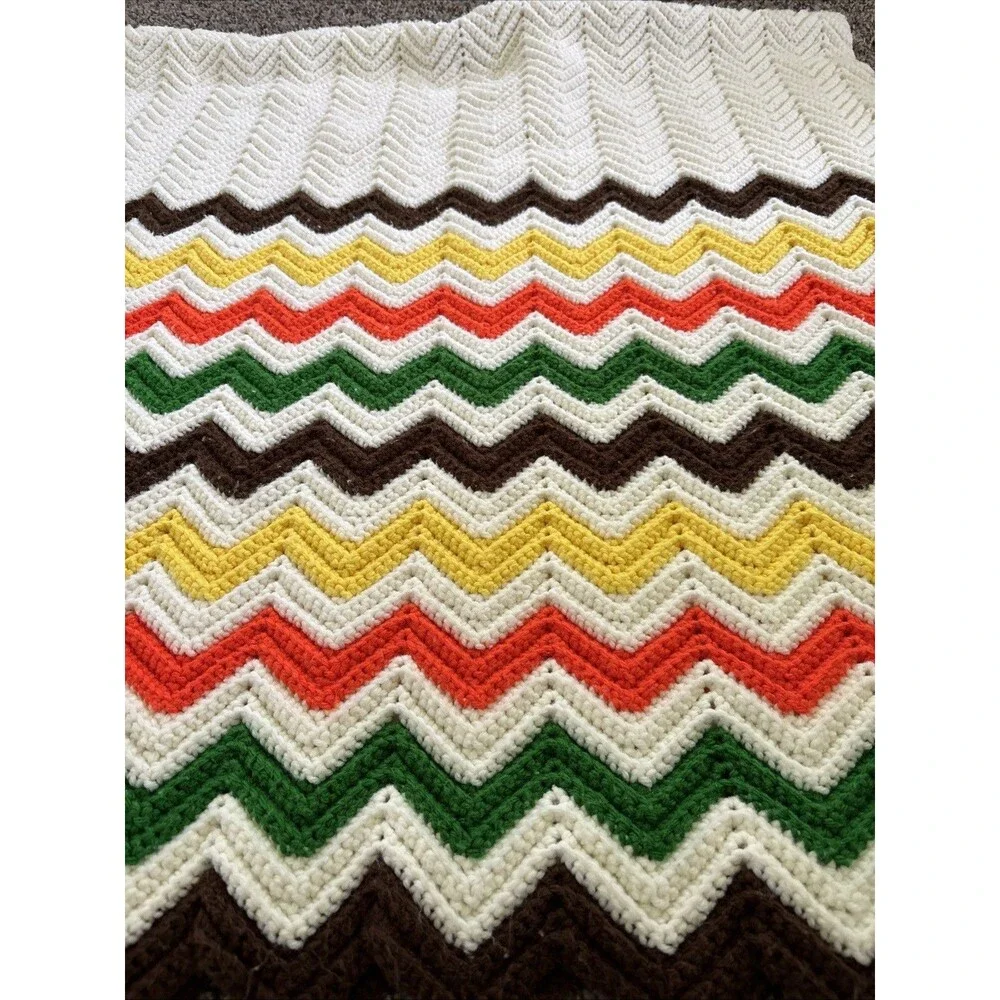 VTG Chevron Cream Orange Brown Green Yellow Crochet Knit Blanket Afghan 38 x 72
